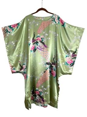 GOLDEN DRAGON Pure‎ Silk Peacock Kimono Caftan Top Sage Green Duster Loungewear
